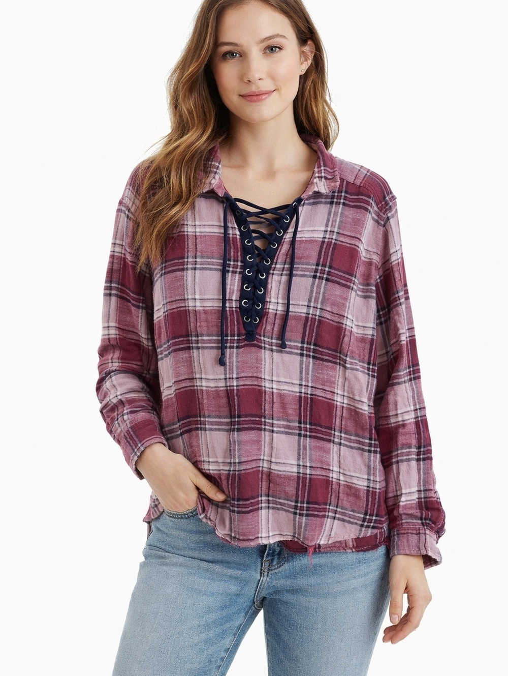 AE Burgundy Plaid Lace-Up Flannel Distressed Hem Cozy Fall Top XL